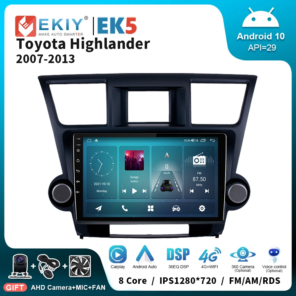 EKIY EK5 AI Voice Wireless CarPlay Android Auto Radio for Toyota Highlander 2007-2013 4G Car Multimedia GPS 2din autoradio 4G FM