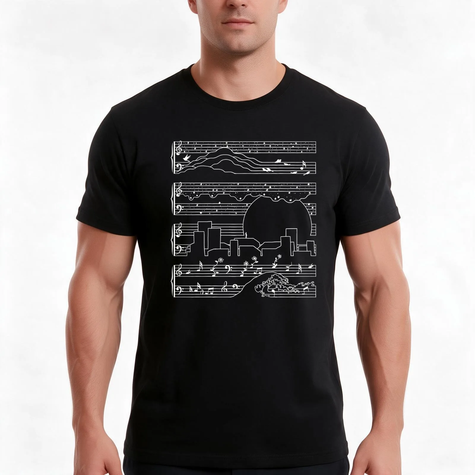 The Moonlight Sonata - Black T-Shirt, Summer Casual Cotton Tee, Oversized Streetwear Tops, Vintage Graphic Print, 100% Cotton