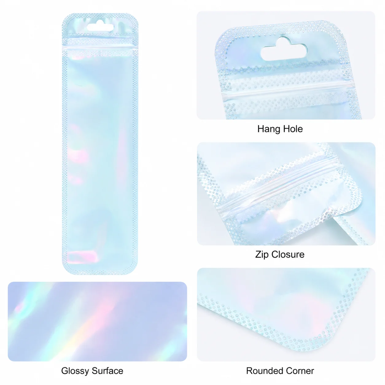 50 Stück holografische Verpackungsbeutel, bunte wiederverschließbare Plastiktüten mit Aufhängeloch für DIY-Perlenstifte, Schmuck und kleine Bastelarbeiten – Detail 4