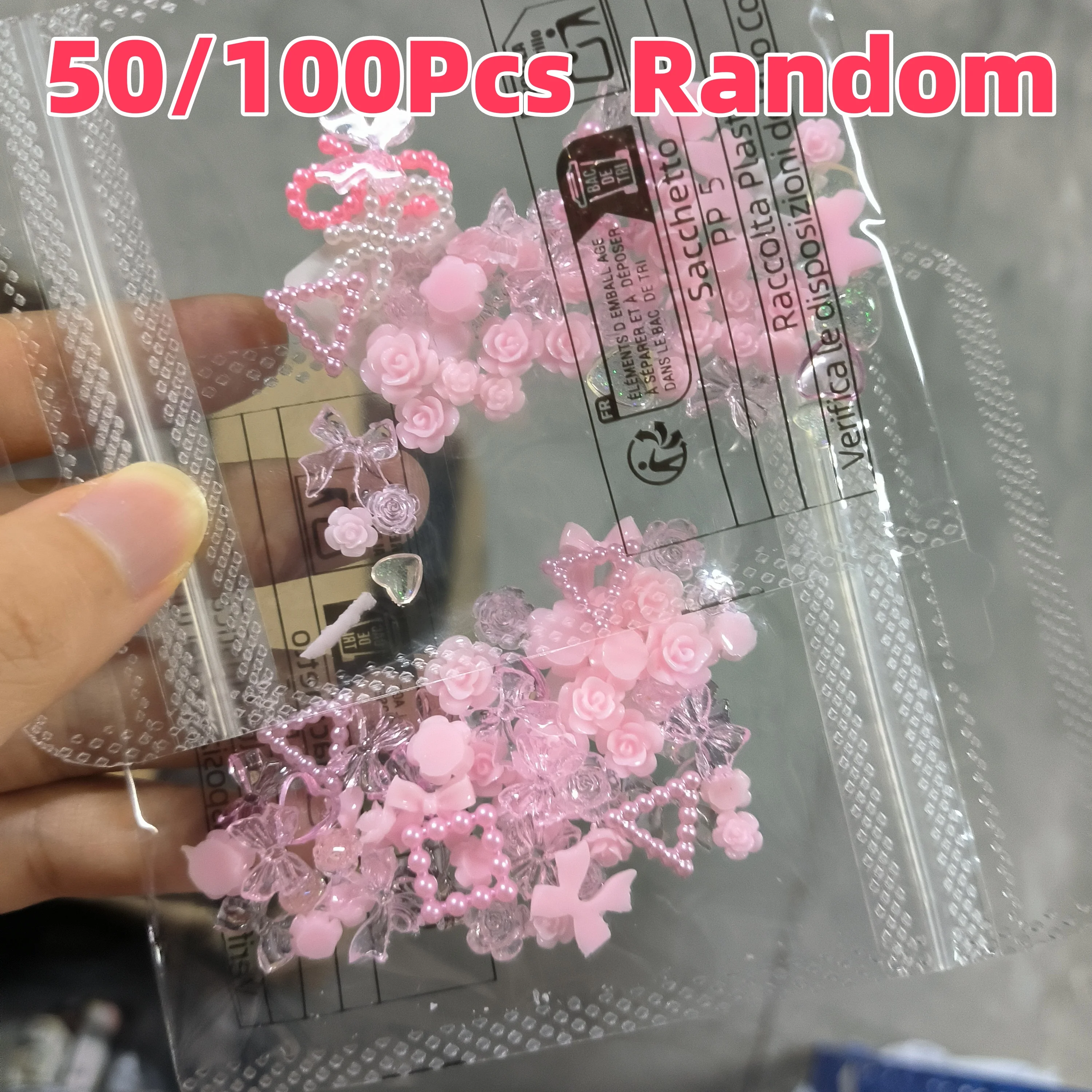 50/100pcs 3D Random Mixed Rose Bow Nail Charms Mix Simulation Pearls Y2K Nail Art Decorations Korean Sweet Manicure Accessories