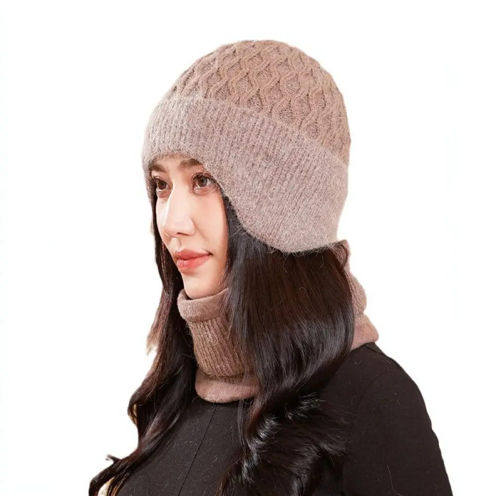 Women Winter Knit Beanie Thick Warm Plush Lining Earflap Scarf Cap Integrated For Grandma Mom Outdoor Cold Proof Headgear