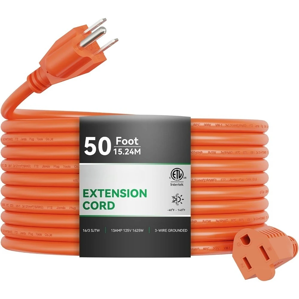 

Удлинитель для улицы, 50 футов, сверхмощный, 16, 3, SJTW, водонепроницаемый, 13 А, 1625 Вт, 3 зубца