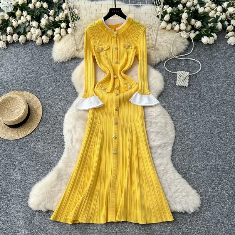 Elegante Breien Zeemeermin Jurk Lente Kleding Vrouwen Lange Mouw Button Up Lange Trui Jurken Vintage Gebreide Jurk Gewaad Femme