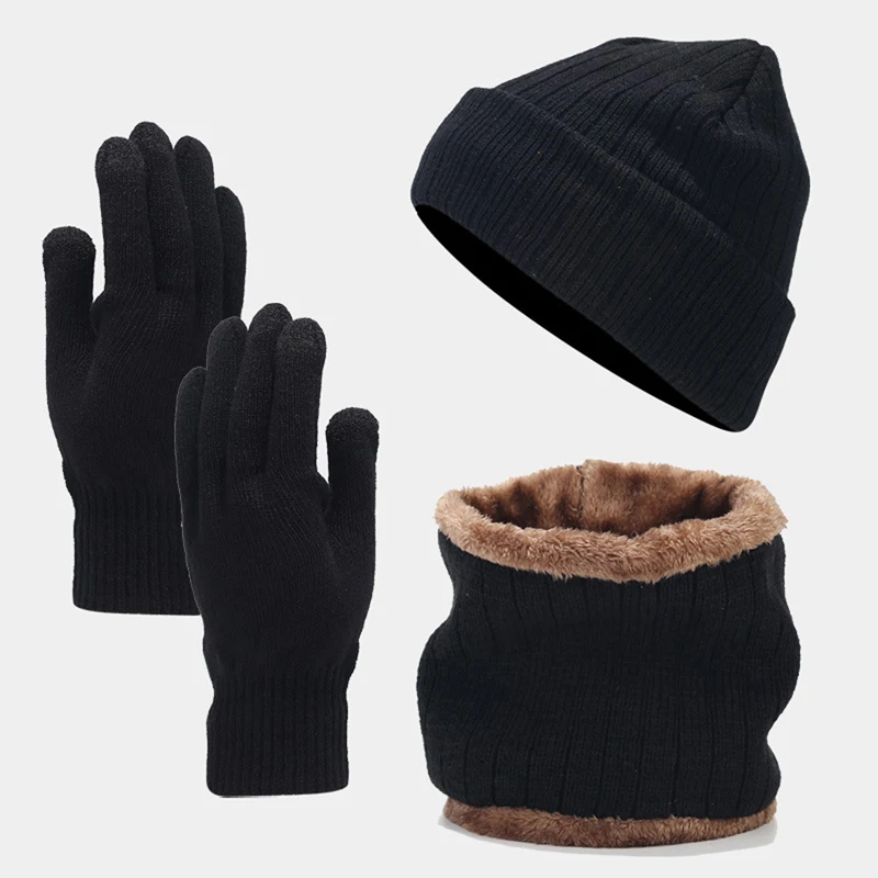 Winter Wool Beanie Hat Fleece Lined Neck Warmer Scarf and Gloves Set 3 Piece Outdoor Cold Weather Thermal Set for Men Women