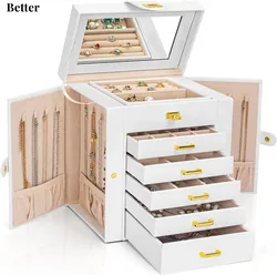 6-Tier Jewelry Box Organizer with 5 Drawers Leather Jewelry Storage Case for Women Girls Ring Necklace Earring Bracelet Holder