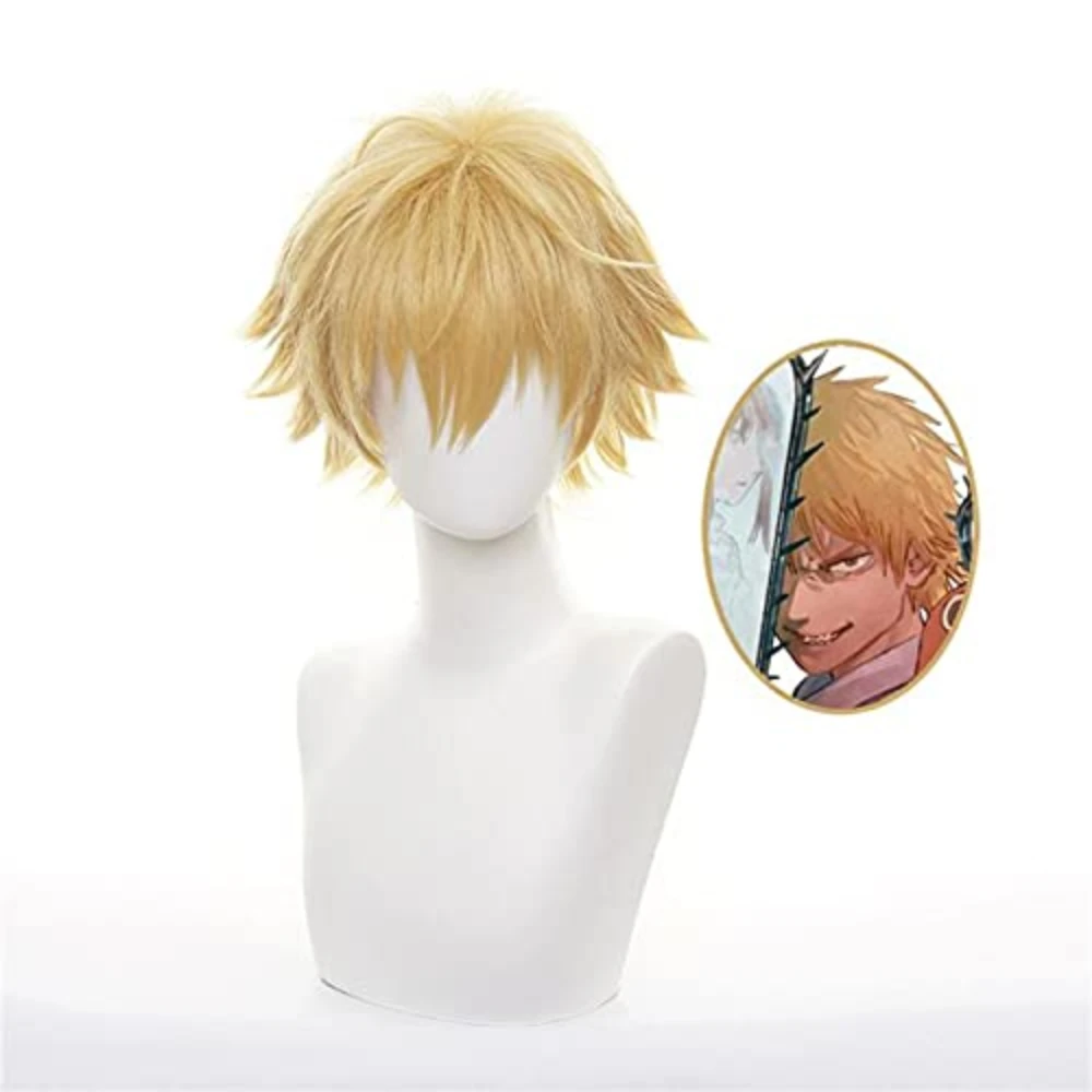 Denji Cosplay Wig Short Blonde Wig Golden Wavy Wig Men Synthetic Wig for Anime Halloween Costume Party