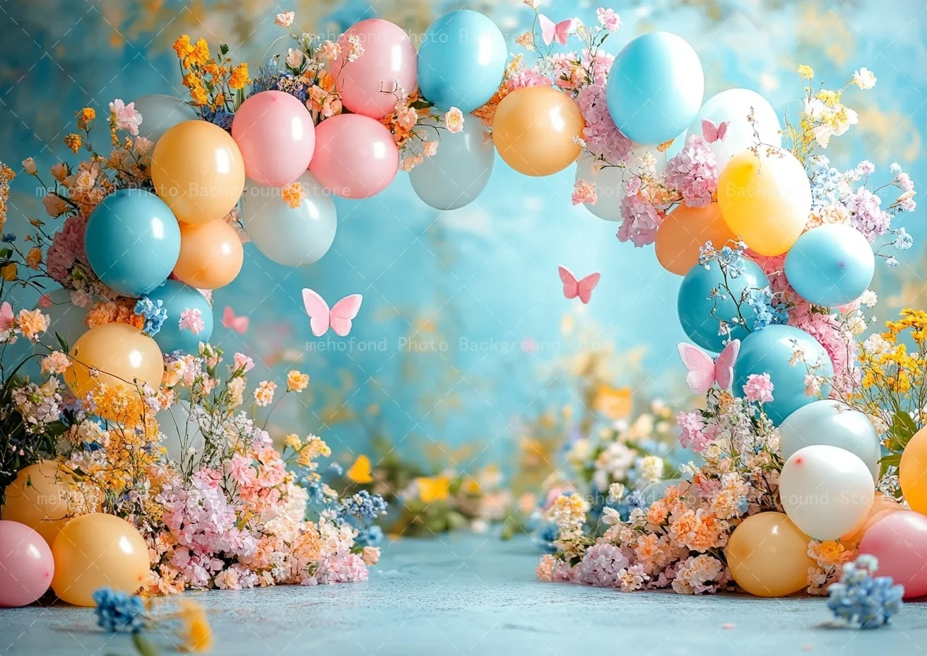 Mehofond Photography Background Minimalist Blue Graffiti Wall Balloon Door Flowers Butterfly Kids Family Portrait Backdrop Decor