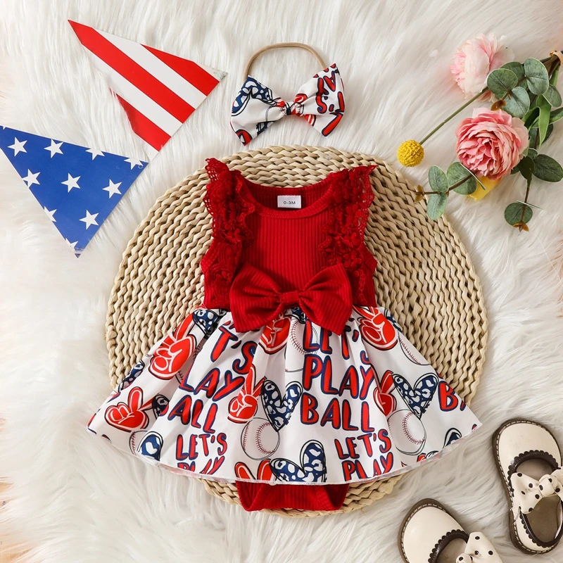 Vestido de Pelele con estampado de Strars para niñas, conjunto de diadema acanalada, ropa infantil para el día de la independencia, 4 de julio