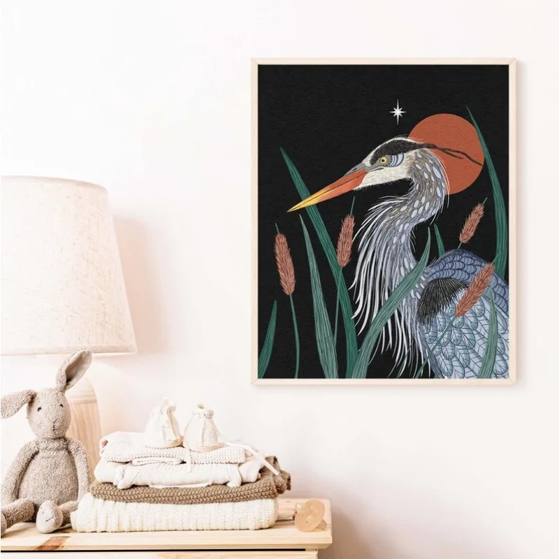 Vintage Folk Bird Botanical Illustration Poster Owl Heron Crow Witchy Celestial Canvas Painting Wall Art Cottagecore Home Decor