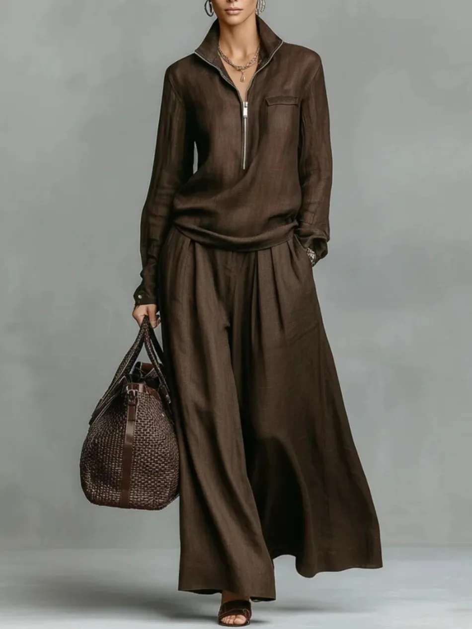 Elegantes, solides, lockeres zweiteiliges Set, modischer Pullover mit Revers und Reißverschluss & weit geschnittene Hose, Damen-Freizeitoutfit mit langen Ärmeln. – Detail 7