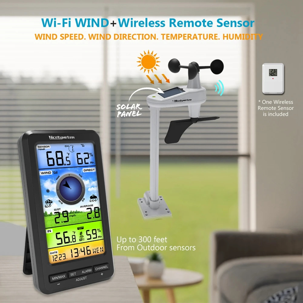 Imagem -02 - Nicetymeter-estação Meteorológica Wifi Solar Powered Indoor Outdoor Temperatura Umidade Velocidade do Vento Direction Meter Snooze Alarm Clock