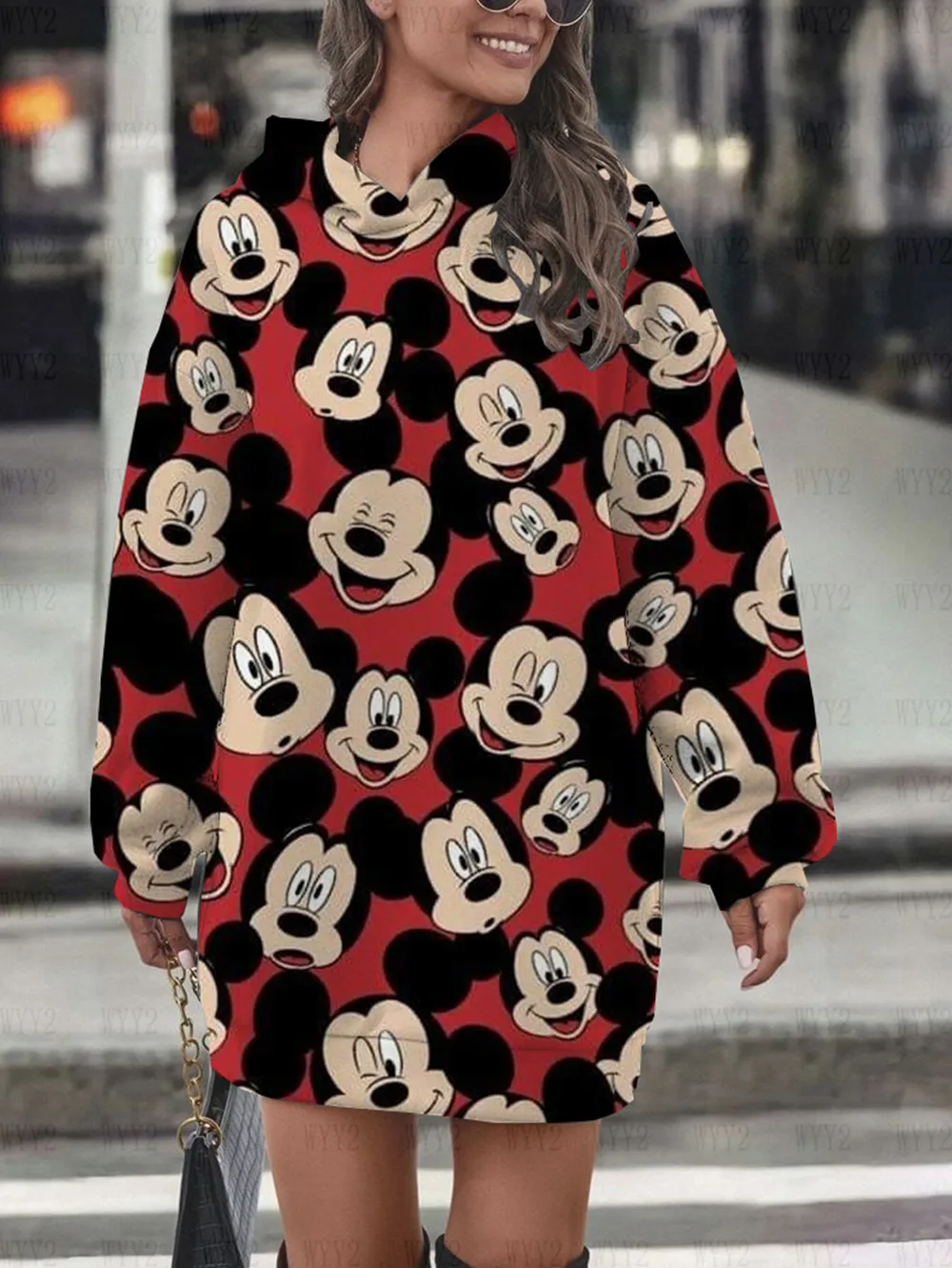 

Spring Autumn Disney Women's Minnie Mouse Street Fashion Hoodie Print Sweatshirt Women's Pocket Mid Length Sleeve Pullover 2023