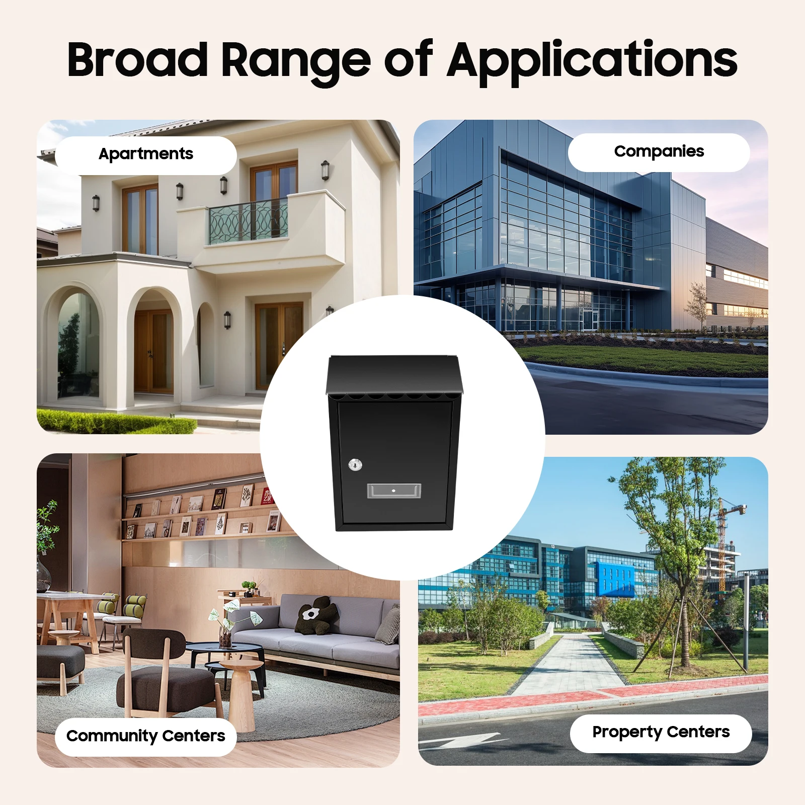 Black Wall-Mounted Mailbox with Key Lock Rust Resistant Observation Window