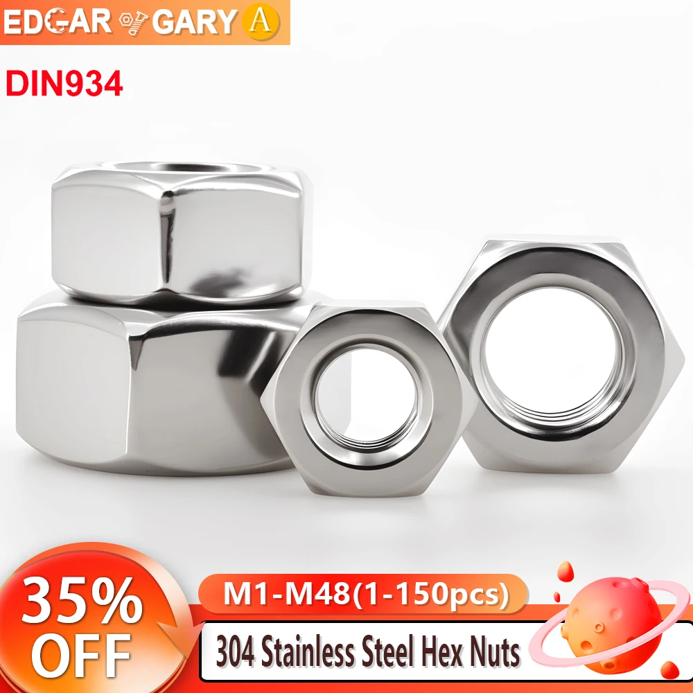 DIN934 Stainless Steel Hexagon Nut 304 SS Hexagon Nut Metric Threaded Hex Metal Fasteners Nuts M1 M2 M3 M4 M5 M6 M8 M10 M12-M48