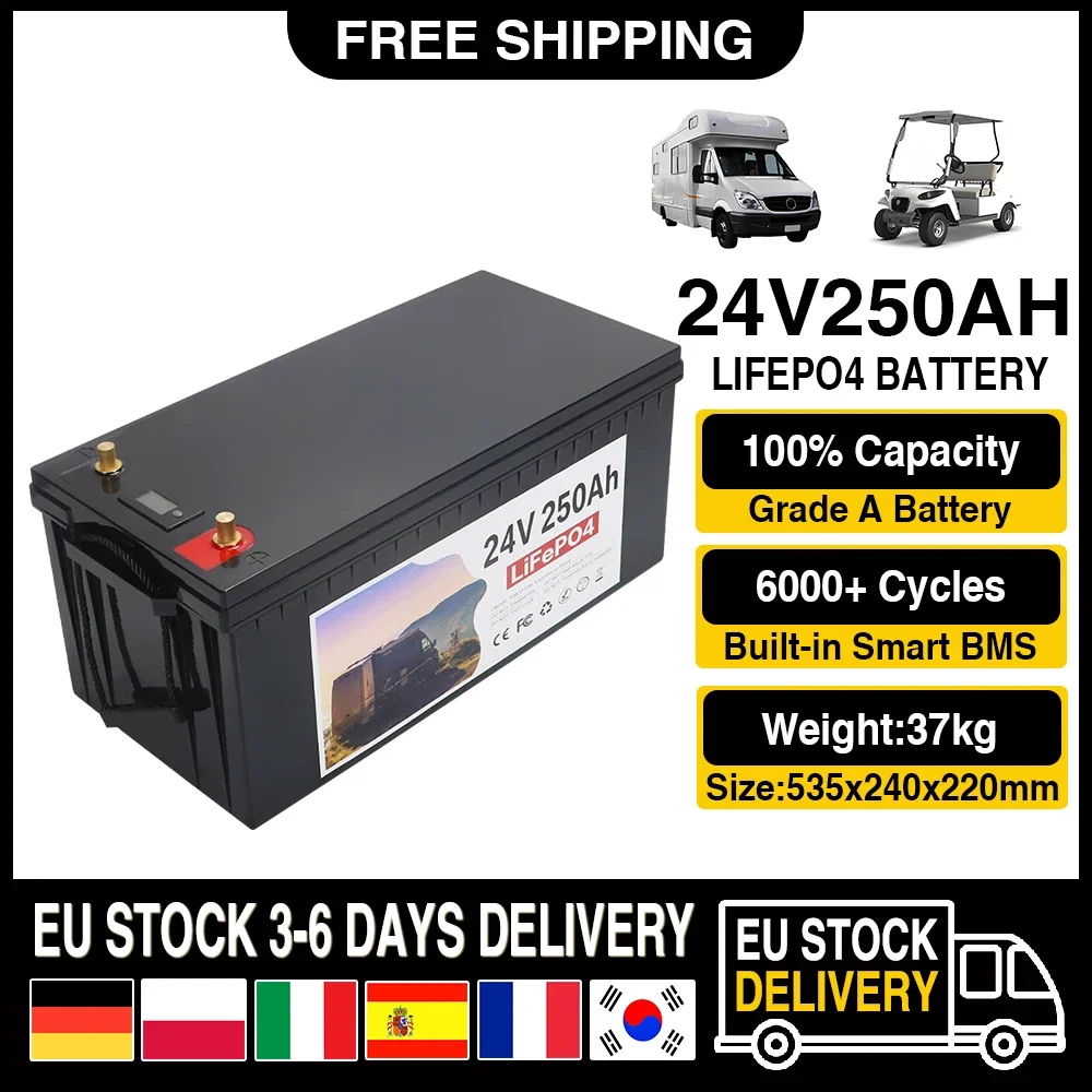 24V LiFePO4 Battery 100Ah 150AH 250AH 300AH Built-in BMS Lithium Iron Phosphate Cells 6000 Cycles For Golf Cart Solar RV Campers