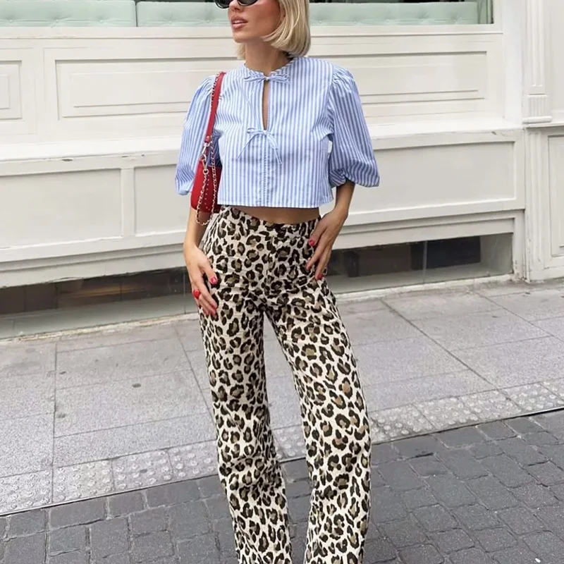 HXAO Elegant Leopard Pants 2025 Women\'s Spring Vintage Printed Long Trousers Ladies Fashion Casual Office Wide Leg Y2K Pants