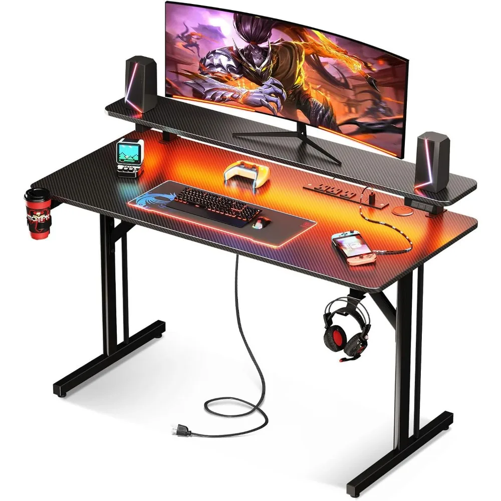 

Small Gaming Desk with LED Lights & Power Outlets, 39 Inch Computer Desk Gaming Table with Monitor Shelf, Gamer Desk