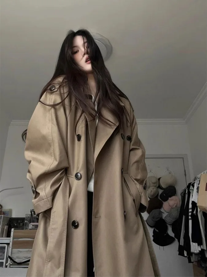 Women's Autumn 2025 Long Trench Coat Khaki Colorous High Waist Silhouette Ele Sle Coat Loose Fit Korean Casual Sle