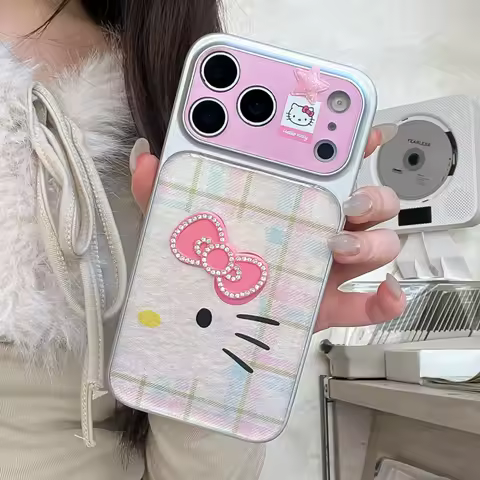 Luxury Cute Drip Glue Color Changing Grid Pattern KT Phone Case For iPhone 14 Pro Max 15 Pro 16 17 Pro Max Shockproof Hard Cover