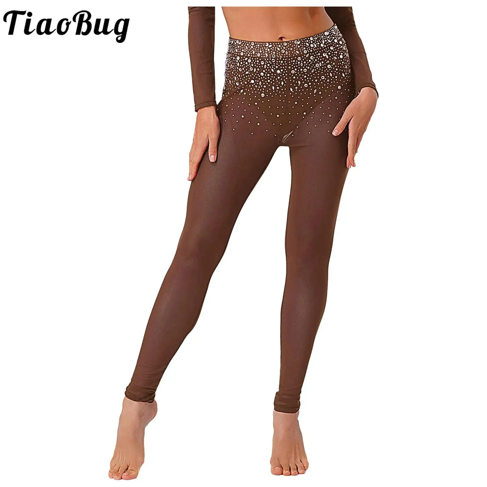

Women Glittery Rhinestone Dance Leggings Figure Skating High Waist Sheer Mesh Briefs Tights Trousers for Gymnastics Yoga Workout