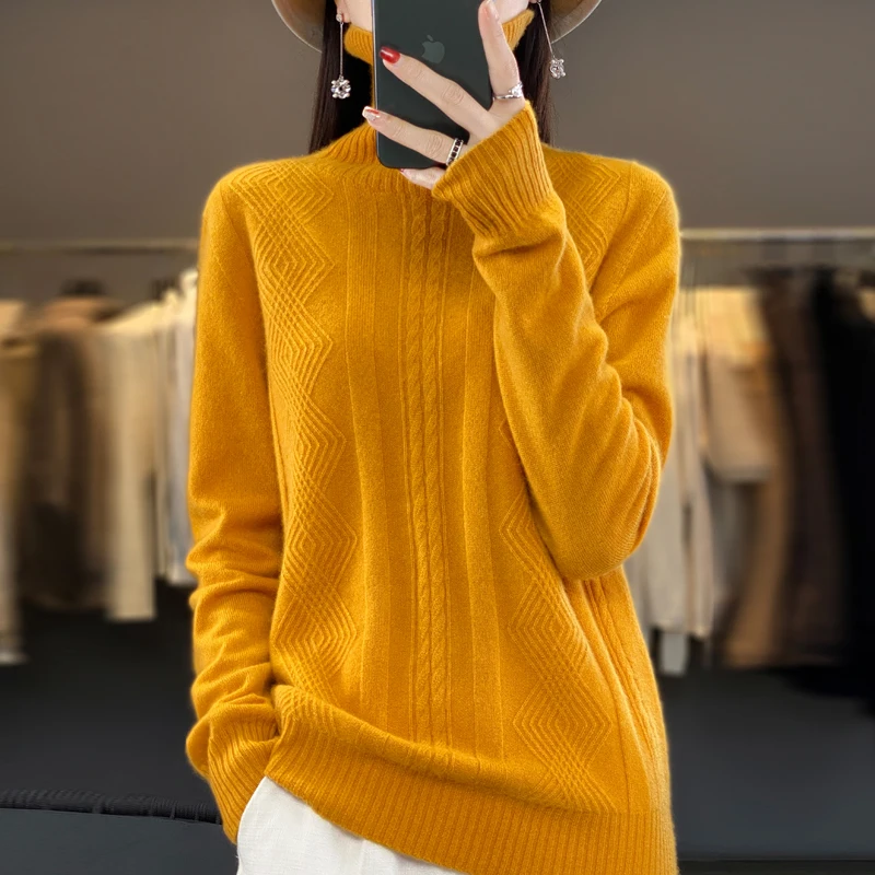 

Women 100% Merino Wool Sweater For Winter Turtleneck Thick Warm Pullover Twist Flower Long Sleeve Cashmere Knitwear New Fashion