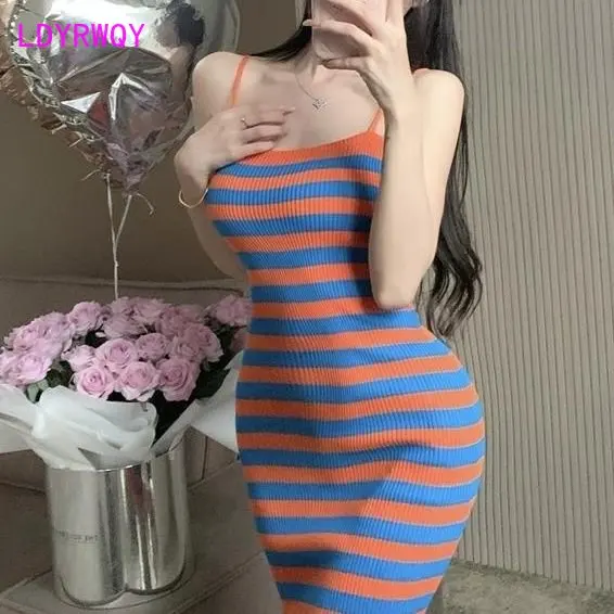 

Spring New Style Strap Sexy Bra Slim Fit Stripe Colored Wrap Hip Knit Bottom Dress for Women