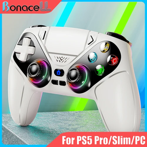 Controlador inalámbrico de luces RGB para PS5/Playstation 5 Pro/Slim/consola de PC con efecto Hall, Joystick de juego con vibración Turbo