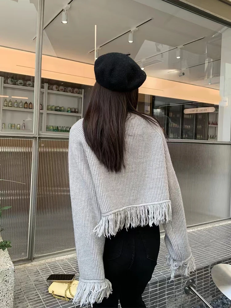 Zoki Fashion Tassel Grey Cardigan Women Korean Loose Sweet Casual Sweaters Simple Buttons Lazy Wind Long Sleeve Knitted Coat