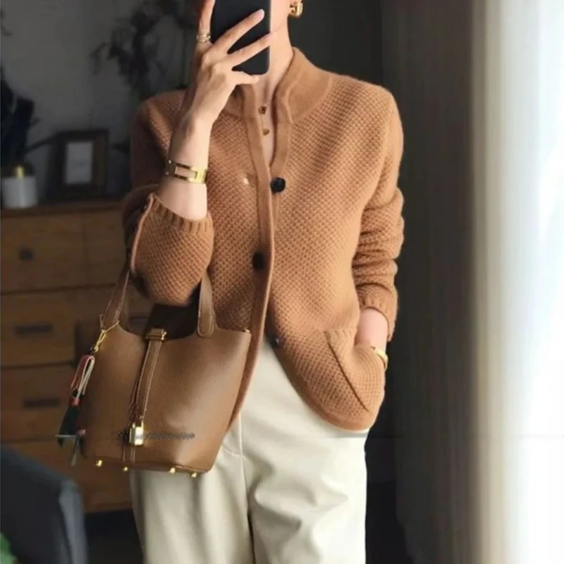 Mixtures Jacket Woman Loose Stand Collar Elegant Korean Style Clothing Knitting Wool Blend Coat for Women Casual Cheap Medium