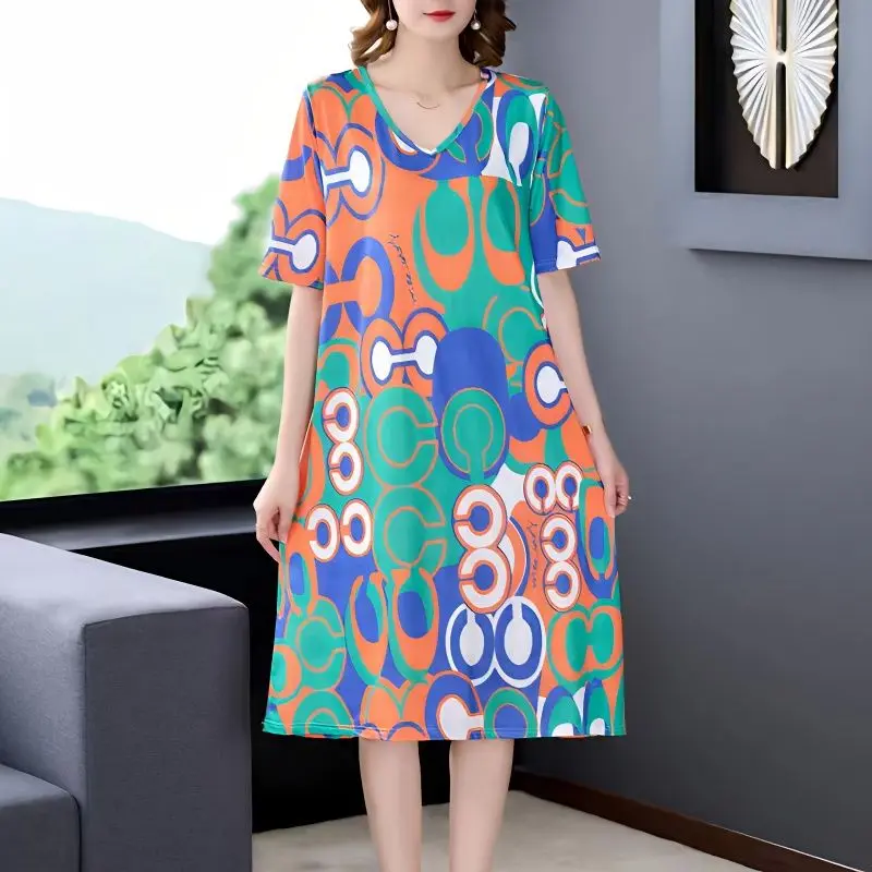 Casual V-Neck Loose A-Line Dresses Women\'s Clothing Vintage Stylish Contrasting Colors Printed Summer Short Sleeve Midi Dress