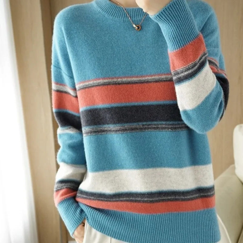 

Women's Round Neck Patchwork Striped Pullover Sweater 2023 Autumn and Winter Korean Loose Fitting Long Sleeved Casual Knit Tops