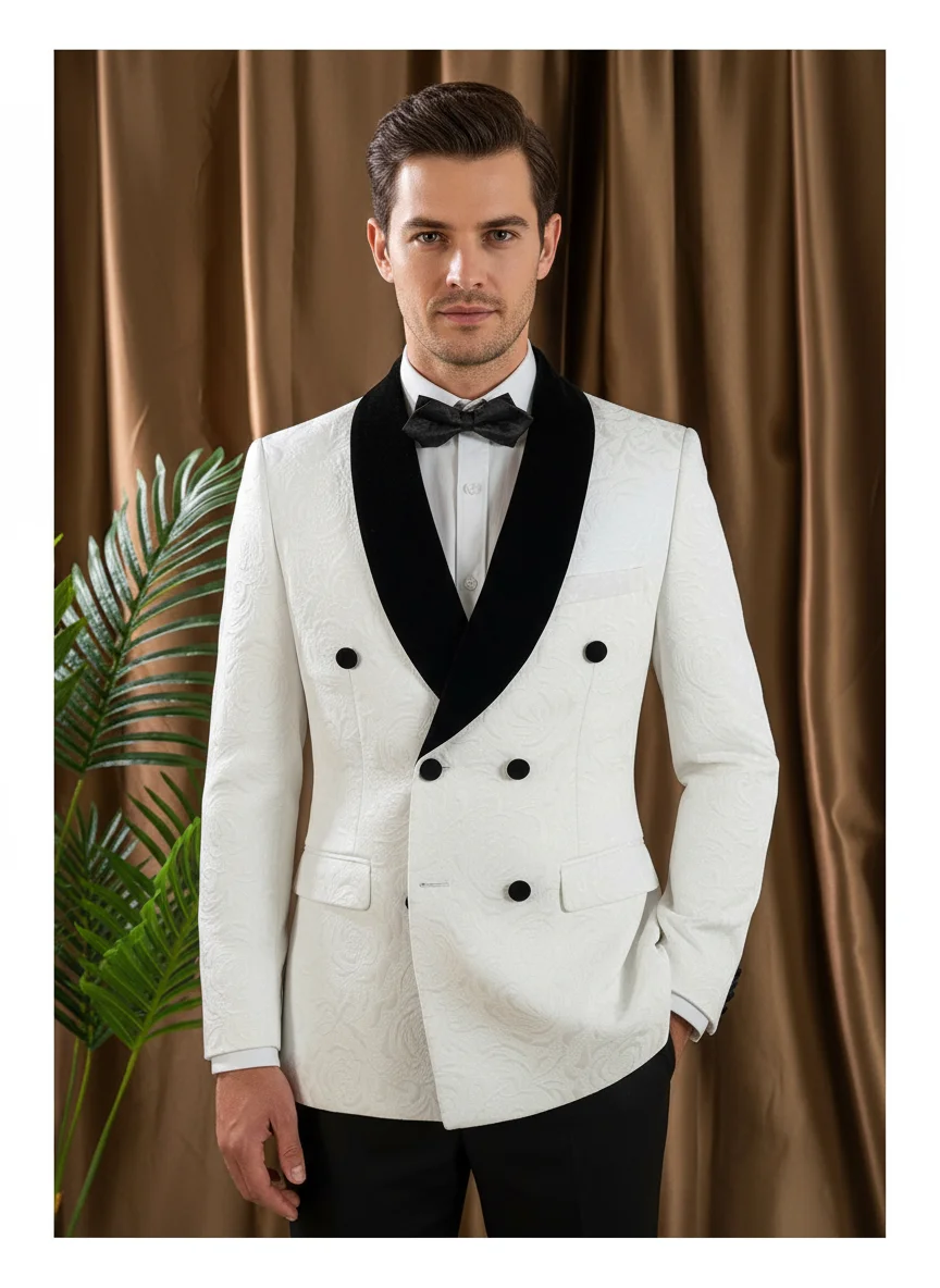 

groom's wedding suit set 2 piece set double-breasted men's white slim fit leisure Tasdo shawl collar‌ evening gown Men's suits