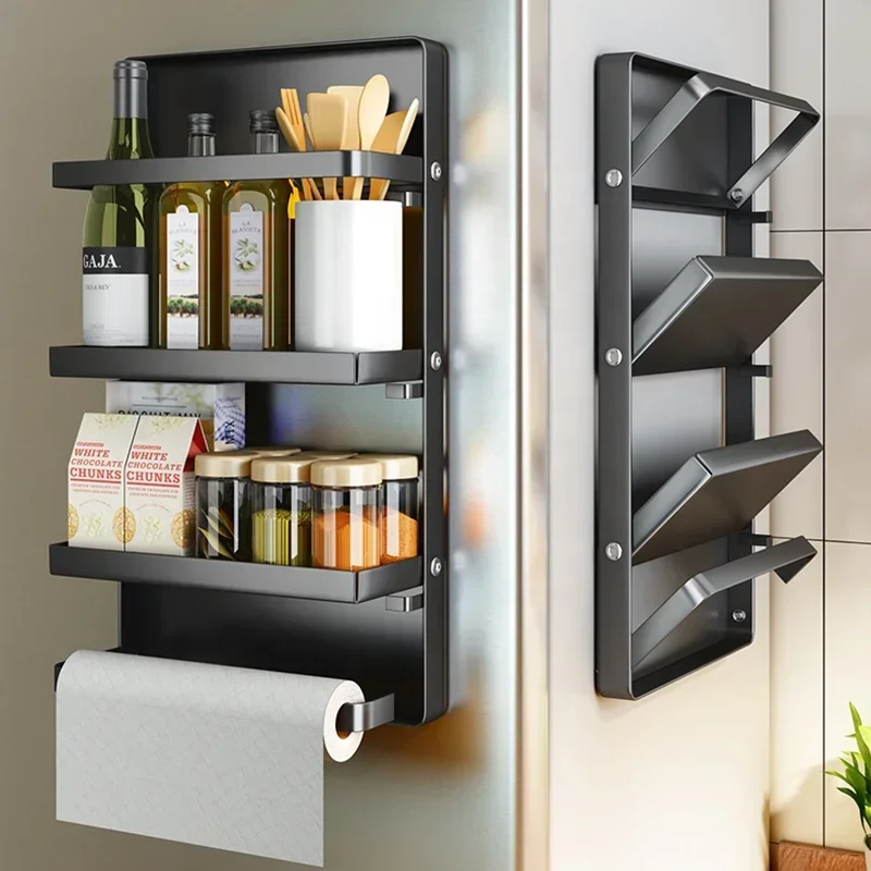 2022 Hot Sale Wall Mounted 2 Tier 3 Tier Metal Black Foldable Storage Rack Refrigerator kitchen Magnetic Spice Rack