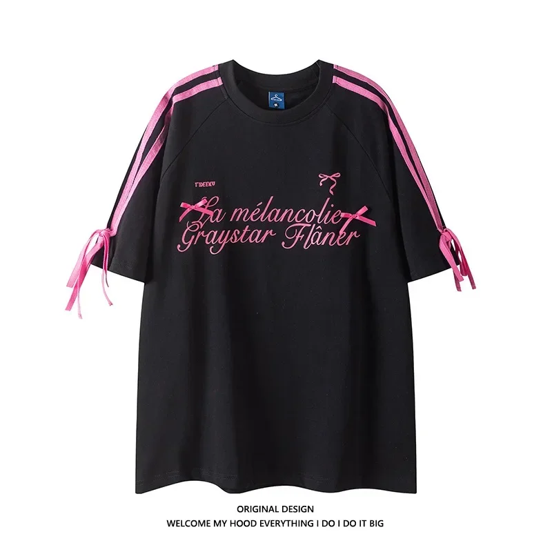 

2025 2024SS Original Sweet Cool Letter Bowshort Sleeves T-Shirt Women's Summer New Loose-Fit Design Sensibility NicheTop