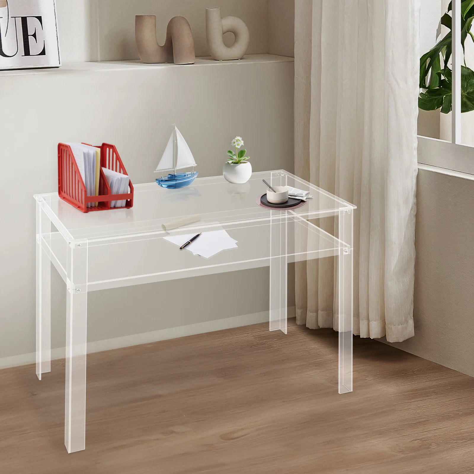 Moderner, transparenter, doppelschichtiger Bürotisch aus Acryl mit großer Arbeitsplatte und vorgebohrten Löchern für Schlafzimmer, Arbeitszimmer und Hotels – Detail 4