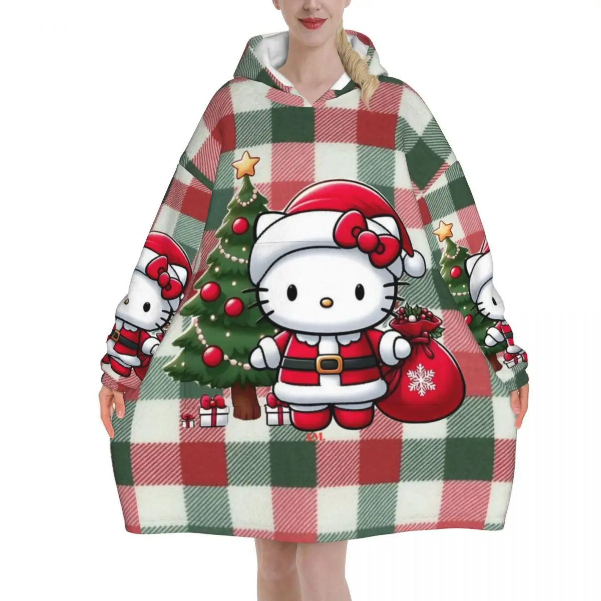 

Hellos Kittys Рождественское зимнее одеяло большого размера, толстовка с капюшоном, длинное флисовое носимое одеяло с капюшоном и большим карманом