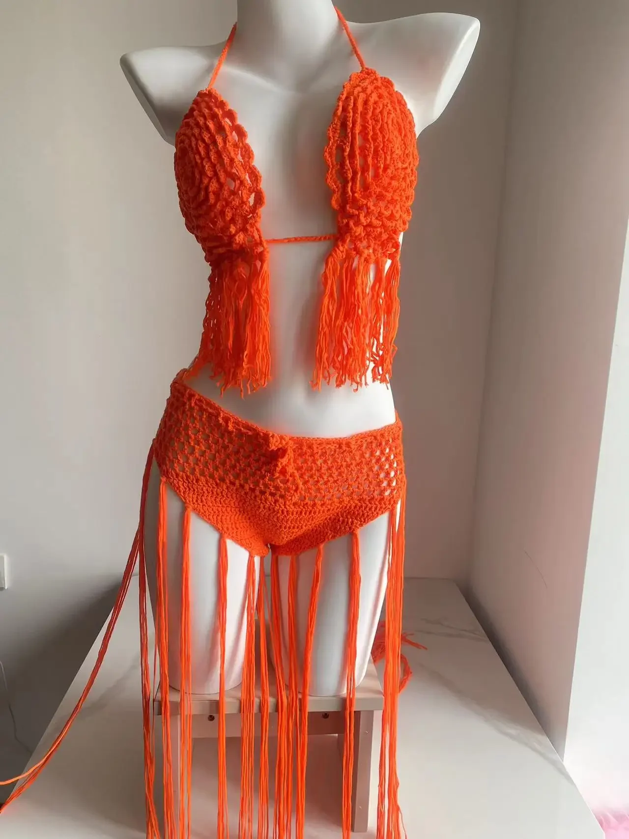 Knitted Bra Top Bikini Set Womens Swimsuit Handemade Crochet Bikini Cover Up Tassel Beach Long Wrap Skirt Holiday Beach Outfit