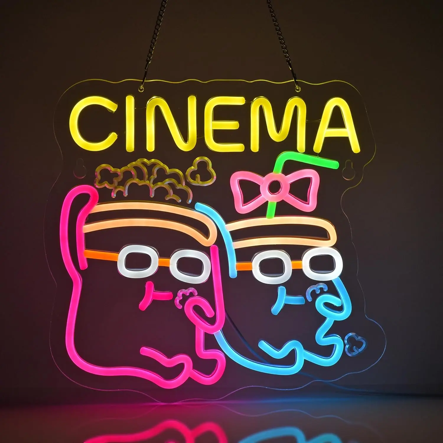 Cinema Neon Sign LED Wall Art USB Powered Acrylic Popcorn Drink Glow Lamp Movie Night Theater Room Home Bar Decor Dimmable Light