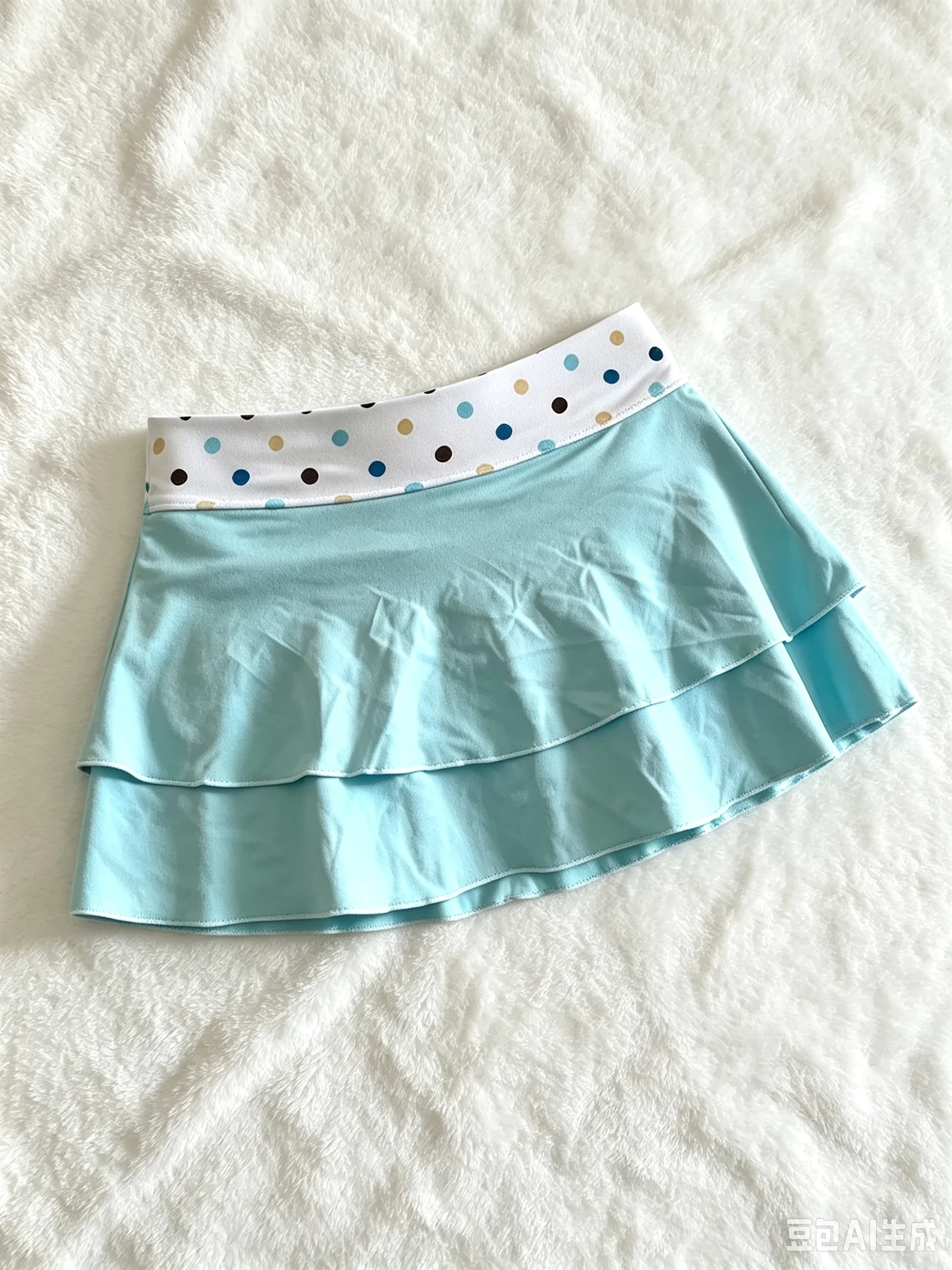 Niedlicher Sommer-Badehose-Rock für Damen mit doppelter Rüsche, Polka-Dot-Taille, hellblau, Mini-Strandrock mit integrierten Shorts – Detail 2