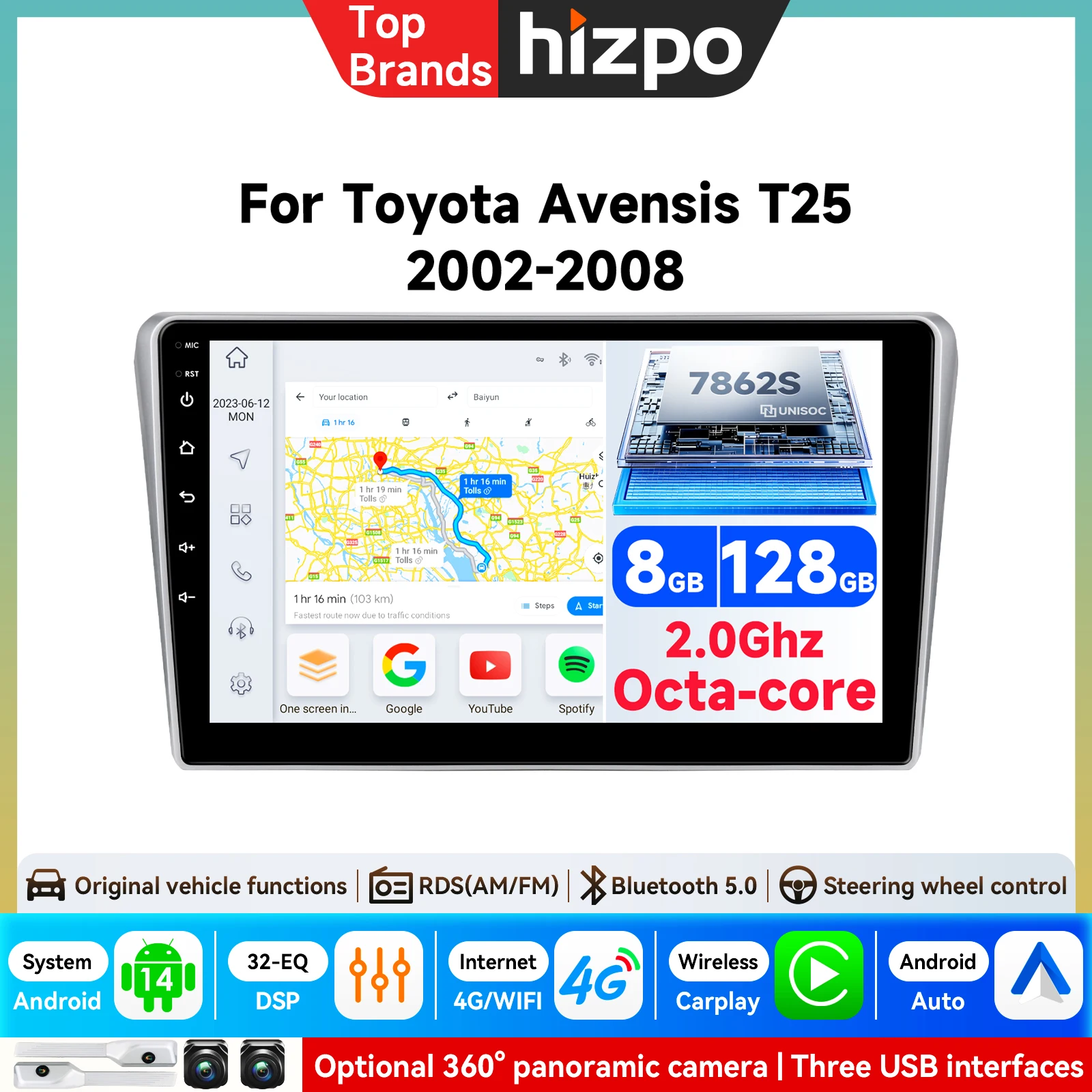 Autoradio Android 9'' avec CarPlay sans fil pour Toyota Avensis T25 2002-2008, Android AUTO, Bluetooth, lecteur multimédia