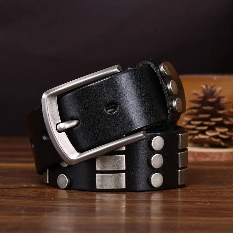 38-センチメートルメンズベルトトップ層牛革リベット人格カジュアルパンクヒップホップニッチオートバイ革ベルト男性のための