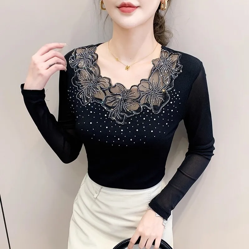 High-Quality Womens Mesh T-shirt Designer Fashion Lace Patchwork Hot Diamond Tops Blouse Female Embroidery Vintage Tees