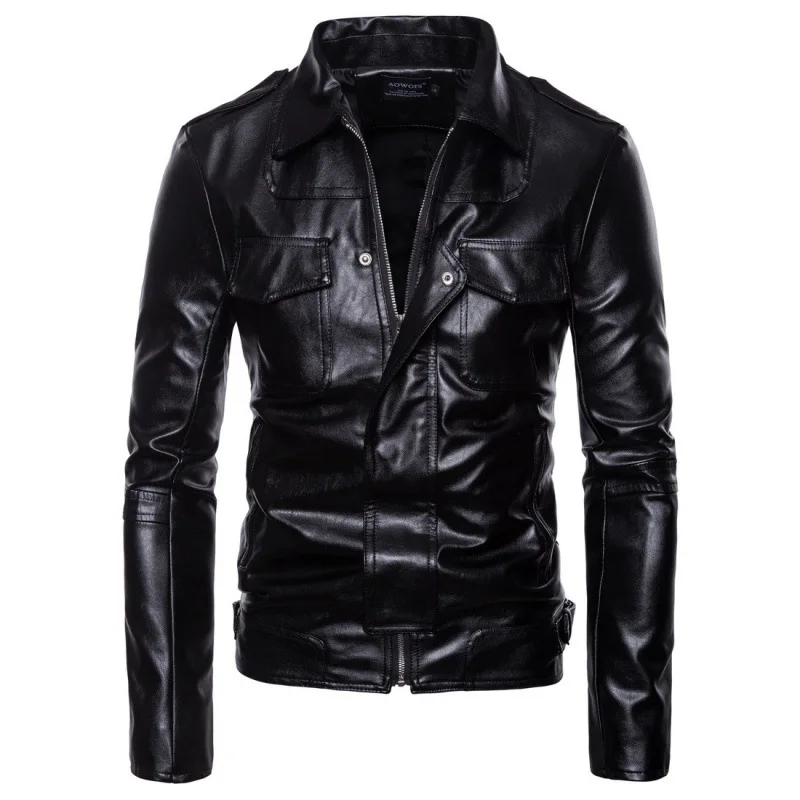 

2023 New Foreign Trade Men's Motorcycle Leather Coat Flip Collar Leather Jacket PU Leather Large Casual Coat Men's Top Jackets