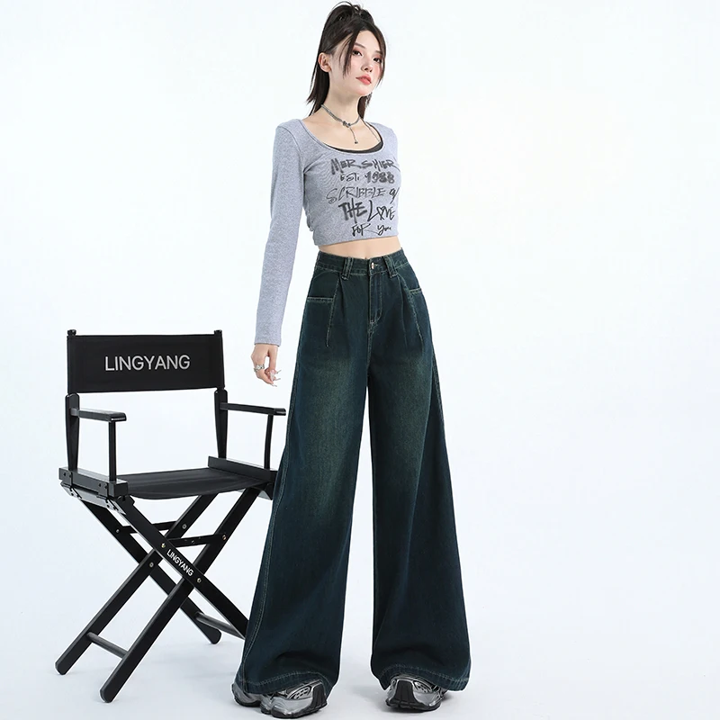 

Новые осенние брюки в американском ретро-стиле, свободные, широкие, с эффектом драпировки, универсальные прямые джинсы в пол для женщин&Extr