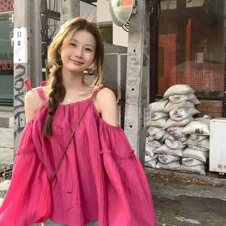 Sweet oulder Bared Long Sve Women's irt 2025 New Sle Casual Commute Wind Loose Fit UV Protection  Top