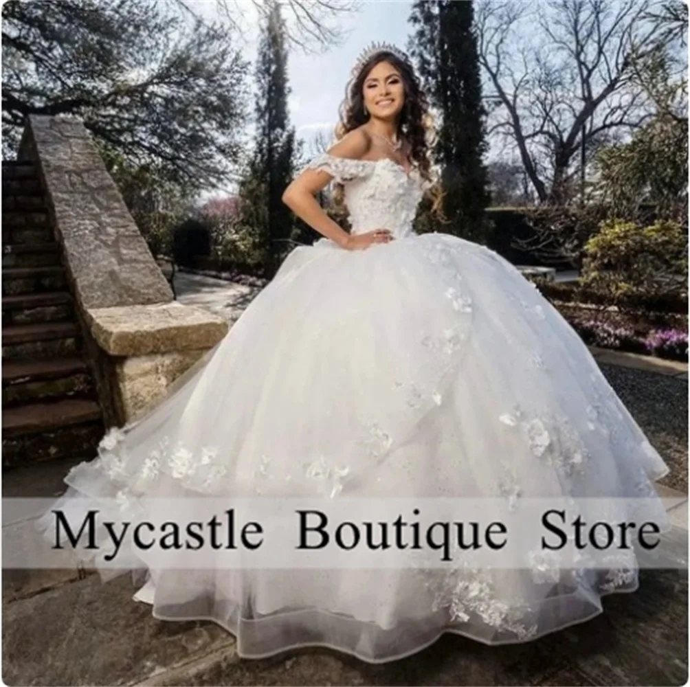 White 3D Flowers Appliques Lace Quinceanera Dresses Ball Gown Off The Shoulder Bow Ruffles Sweet 15 Dress  Vestidos De XV Años