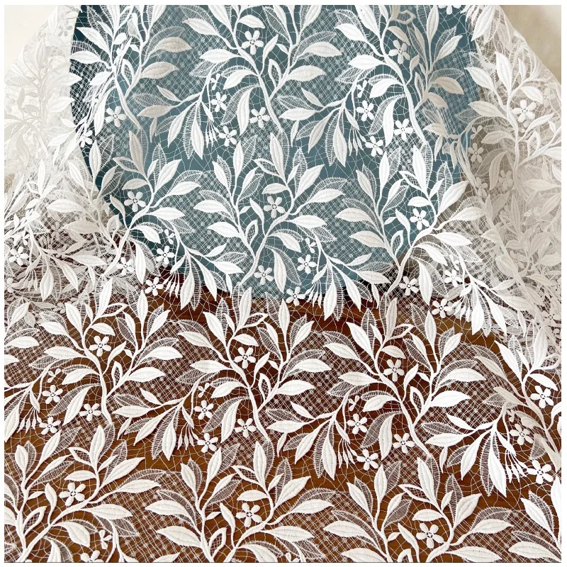 

White Milk Silk Embroidered Lace Thick Fabric with Leaf Hollowed - Out Design for Wedding Dresses Clothing Accessories