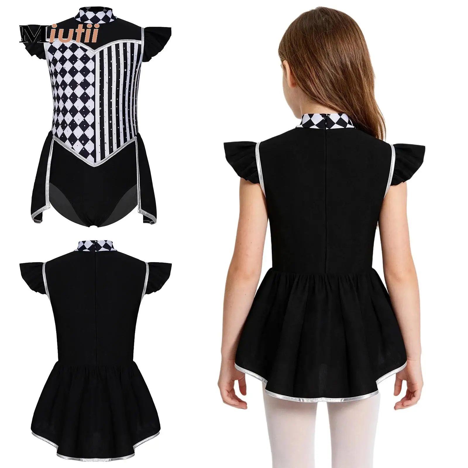Ruffled Sleeves Gymnastics Jersey Rhythmic Ballet Dance Leotard Bodysuit for Kids Girls Carnival Circus Clown Racer Costume