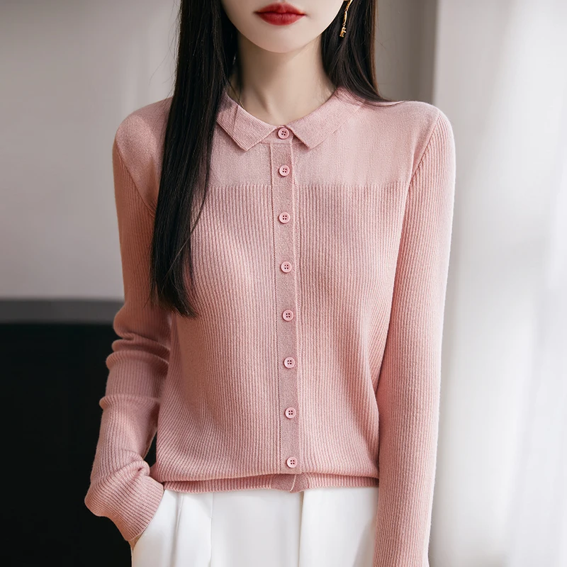 

Spring 2025 New POLO neck Worsted Wool Cardigan Ladies Lapel Fashion Knit Jacket Sweater Joker Loose Shirt Blouse Jacket Tide