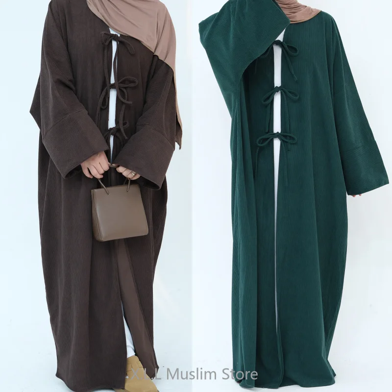 Muslim Women's Dress Abaya For Women Brown Beige Corduroy Abaya Luxury Dubai Turkey Dubai Party Lace up Cardigan Robe Clothing